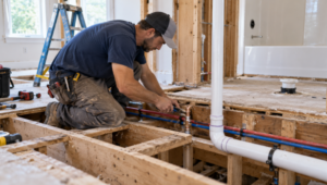 Plumber working to add a bathroom without existing plumbing